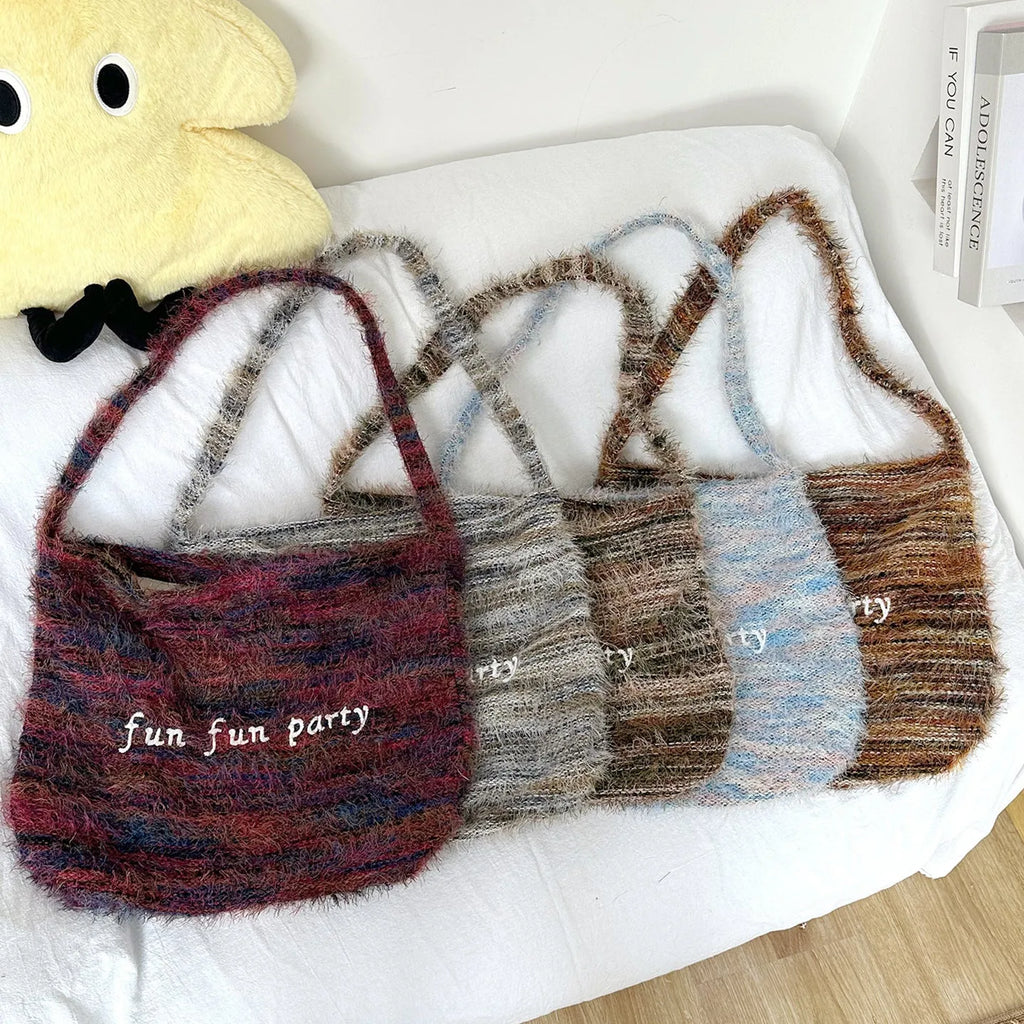 Plush shoulder bag with alphabet embroidery and tassel, horizontal square shape, soft plush finish, single shoulder strap, five colours denim blue green purple sea salt blue yellow