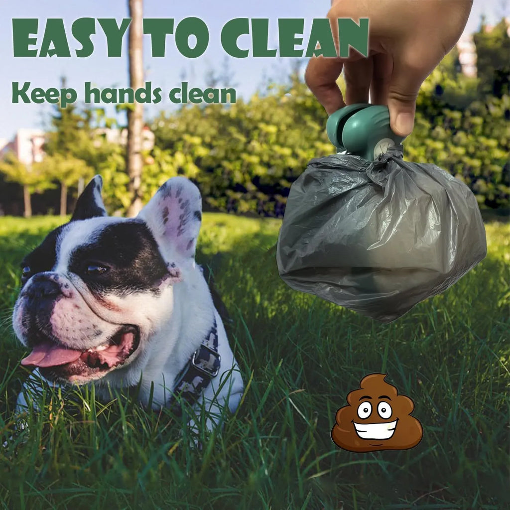 Blue portable dog pooper scooper with clip, shown unfolded with waste bag attached.