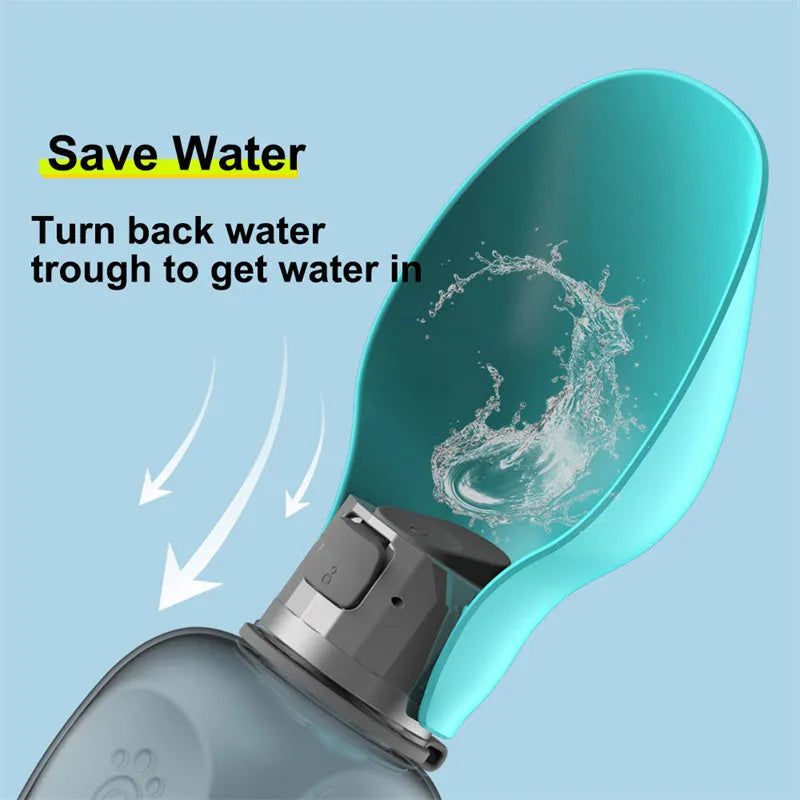 Blue grey foldable dog water bottle with drinking trough extended, showing 800ml capacity markings