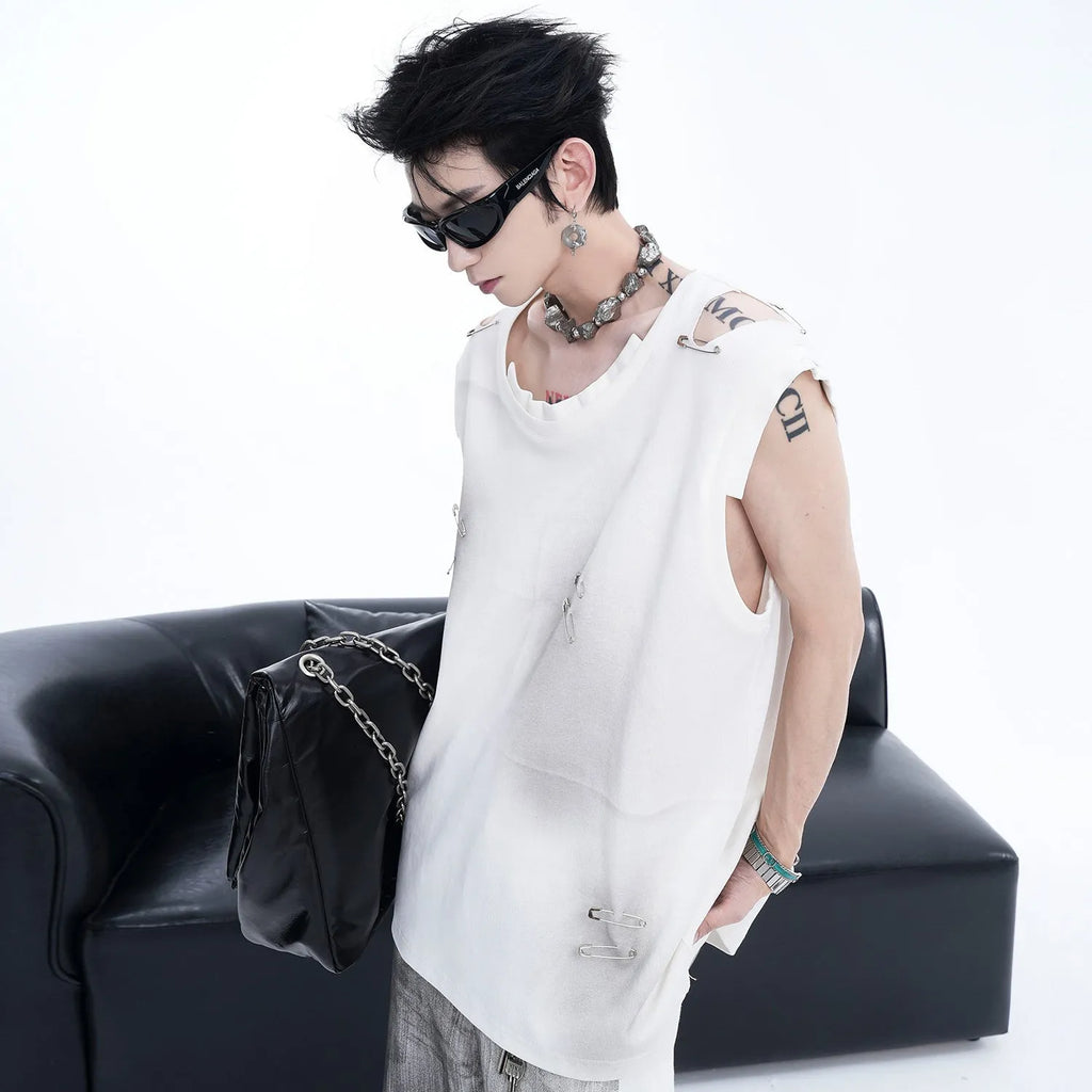 Men's black ripped sleeveless vest waistcoat t-shirt with irregular cutting and round neck