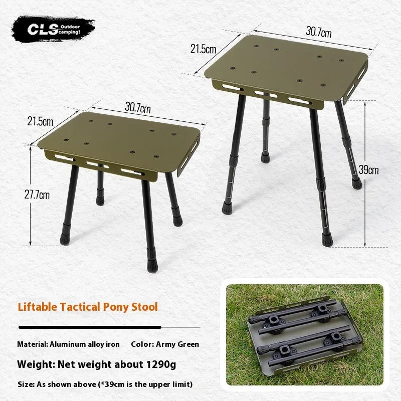 CLS aluminium dual-use folding camping stool converted into a small table next to its storage bag.