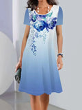 Women's ice silk A-line dress with short sleeves and printed floral pattern, shown in mid-length.