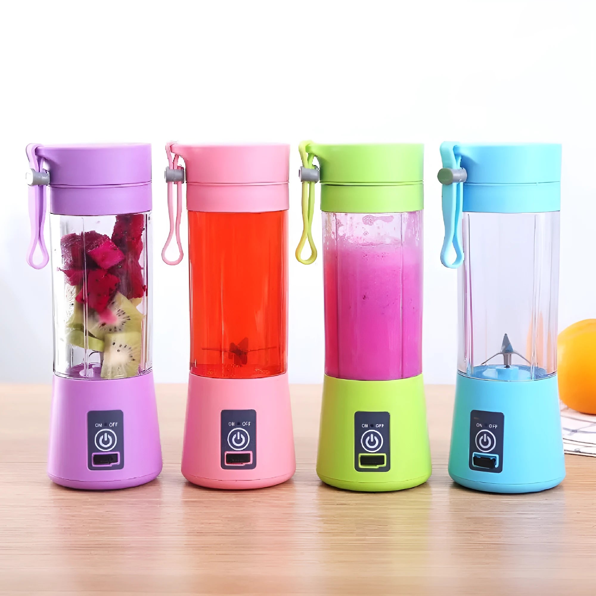 Portable USB rechargeable blender in pink, green, blue, or purple with 380ml cup.