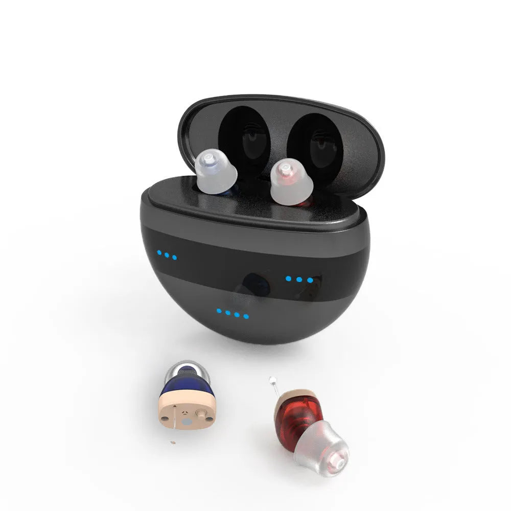 C700 digital in-ear hearing aid with charging case and accessories for severe hearing loss