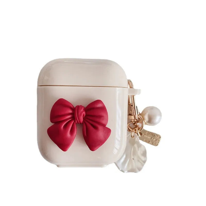 Beige red bow shell TPU protective case for AirPods Pro and AirPods 3 wireless earphones