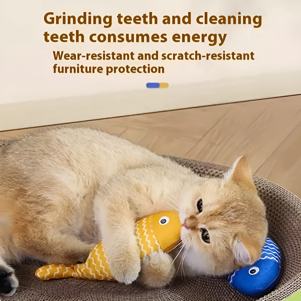 Blue, red or yellow catnip fish toy with natural filling for feline energy and dental health