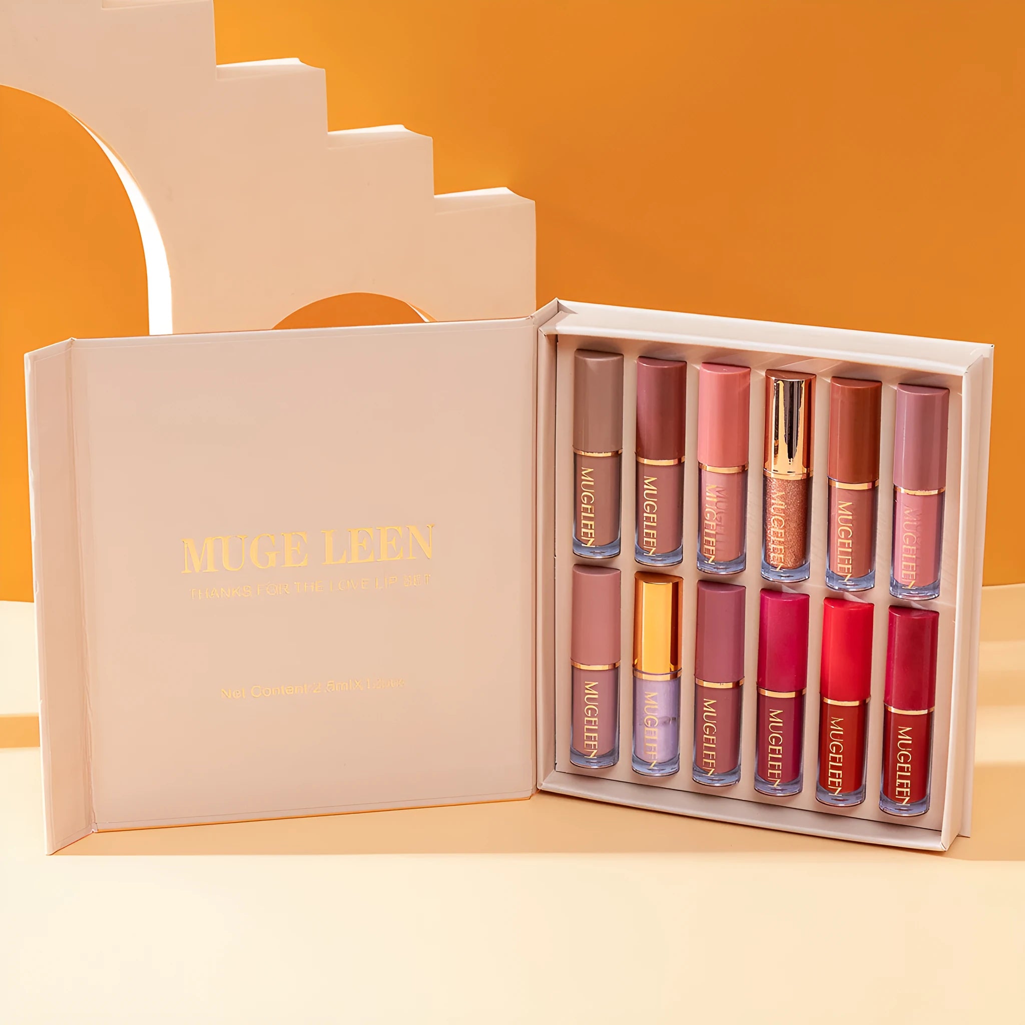Matte shimmer lip glaze set with twelve transfer-resistant colours in neutral tones