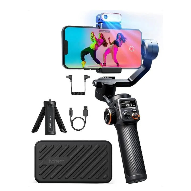 Black three-axis smartphone stabiliser with attached AI fill light on a tripod