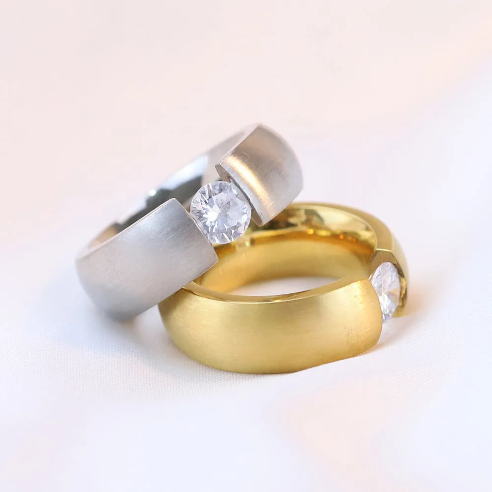 Minimalist gold diamond ring on plain background, titanium steel, geometric shape US sizes 6-10