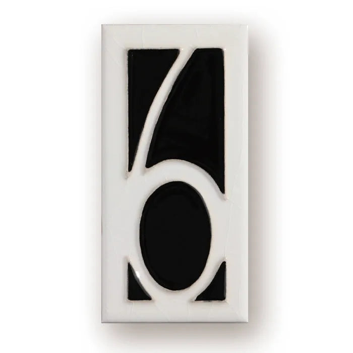 Handmade retro-style ceramic doorplate with fired enamel number, shown against a door.