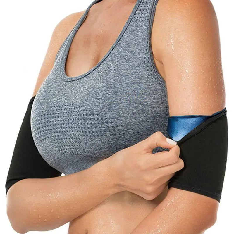 Adjustable black and red neoprene arm sweatband with Velcro strap wrapped around an upper arm.