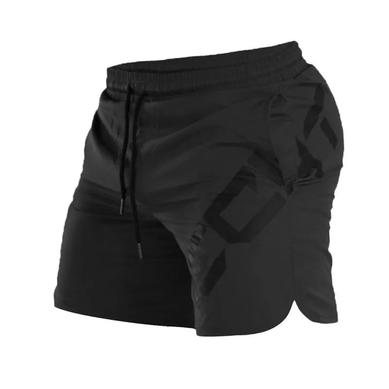 Men's black elastic training running shorts with knee-length cut and quick-dry fabric