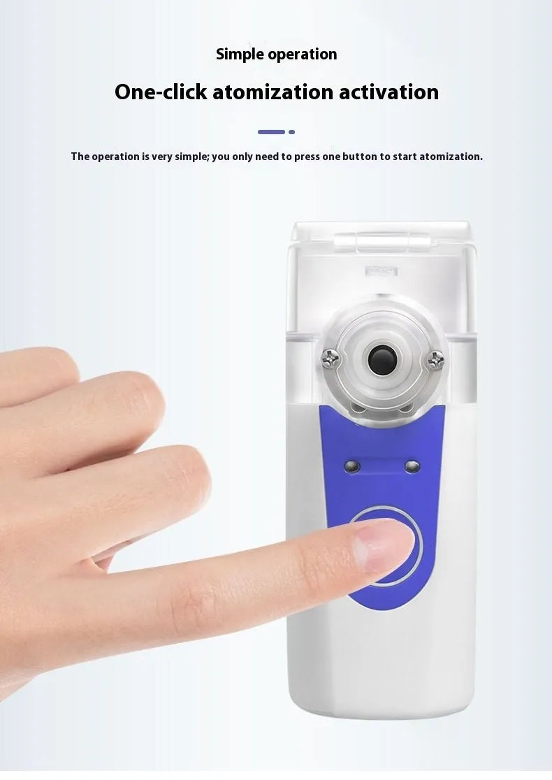 Handheld column-shaped USB nebuliser spray machine with water tank for household and children's use.