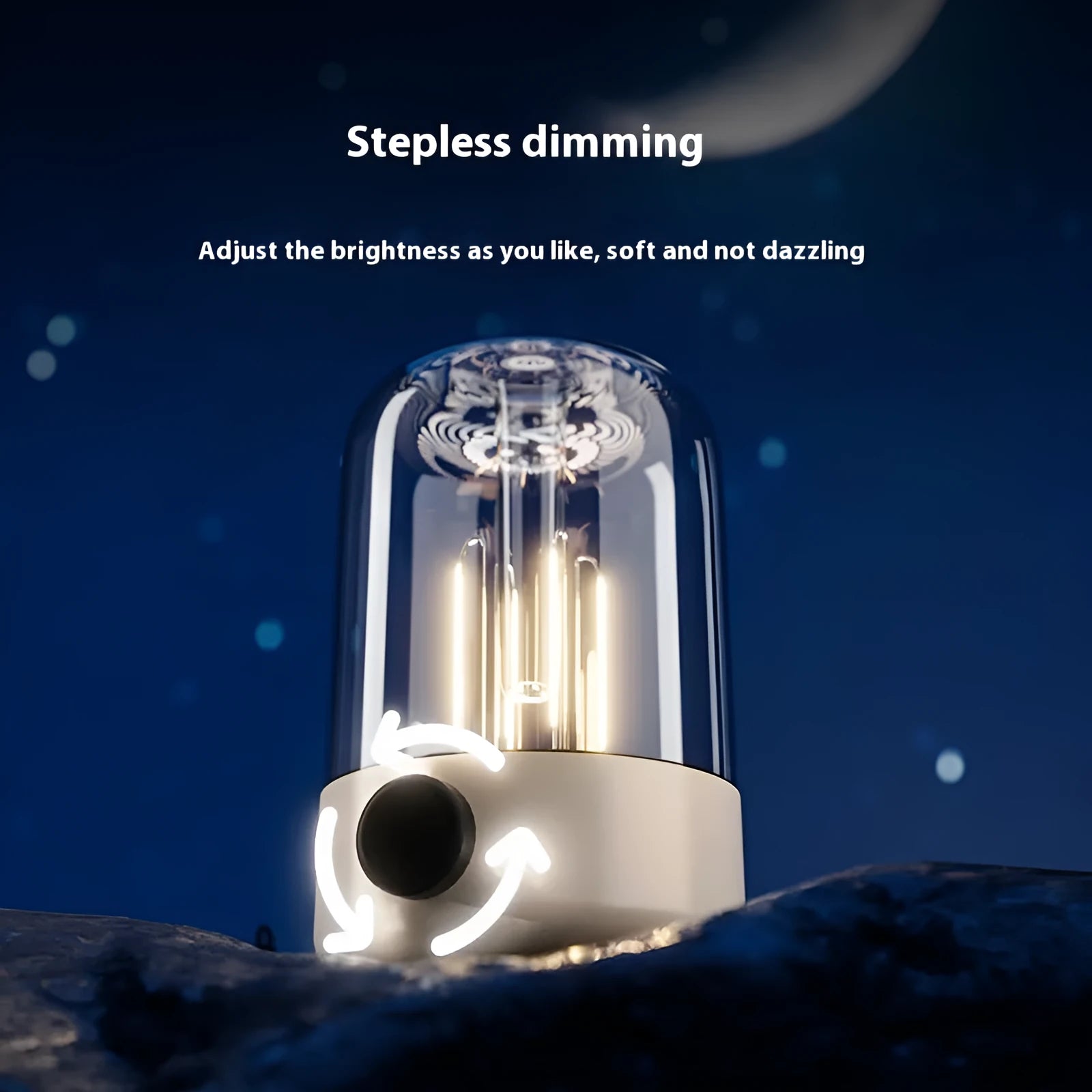 Beige and black camping ambience light with control knob and USB port for outdoor lighting