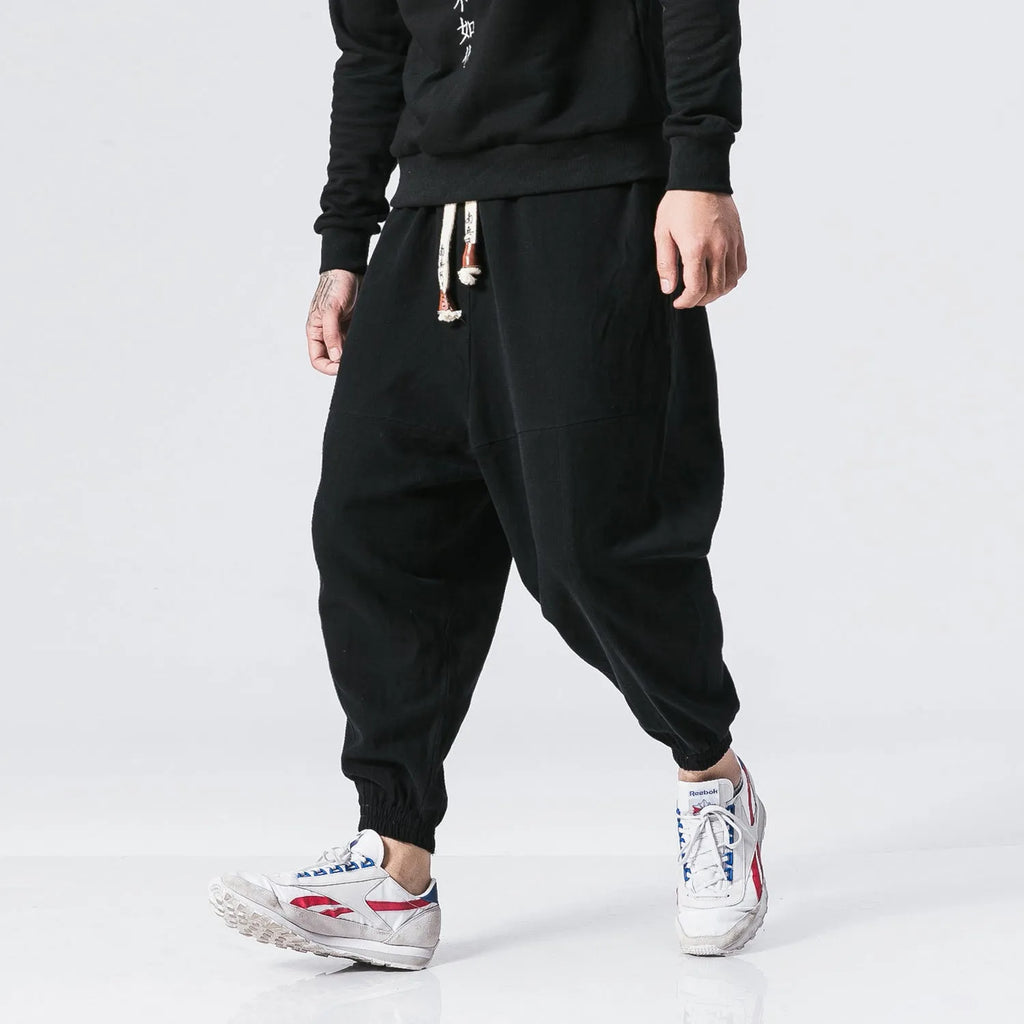 Men's linen blend loose overalls in black, navy blue, wine red – sizes M to 5XL – tether closure