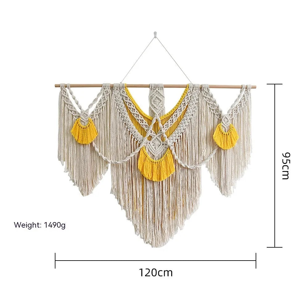 Creamy white hand-woven cotton Nordic tapestry hanging on a wall, rectangular shape 120cm by 95cm.