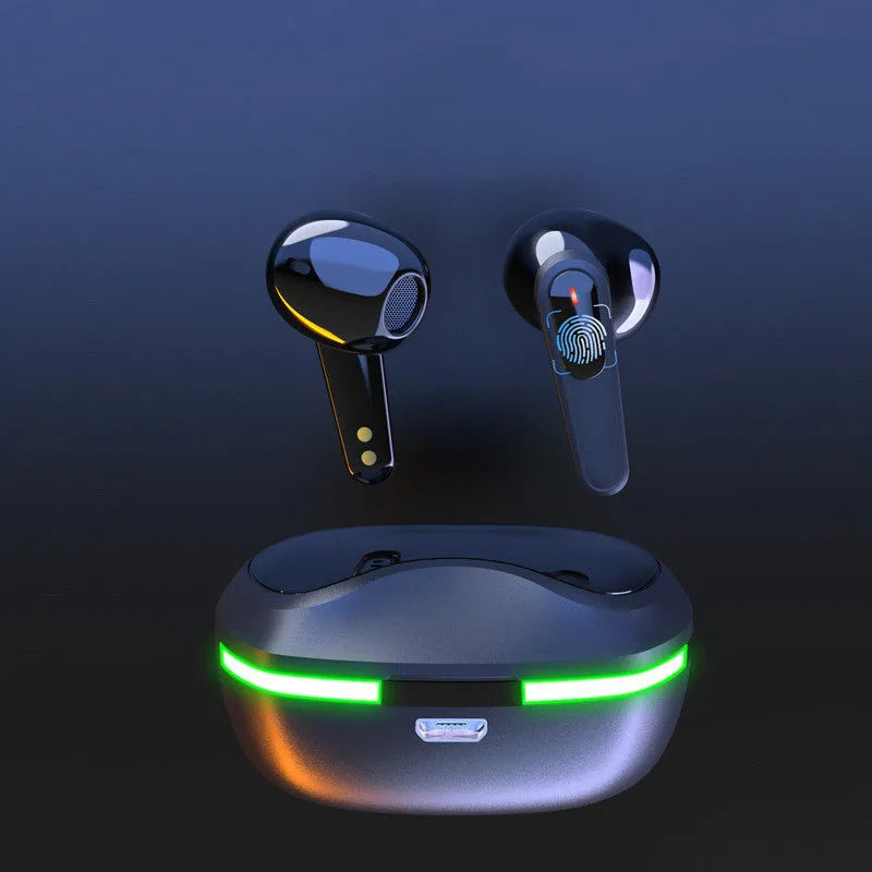 Black matte finish Bluetooth headset with charging cabin for outdoor running and mountaineering.