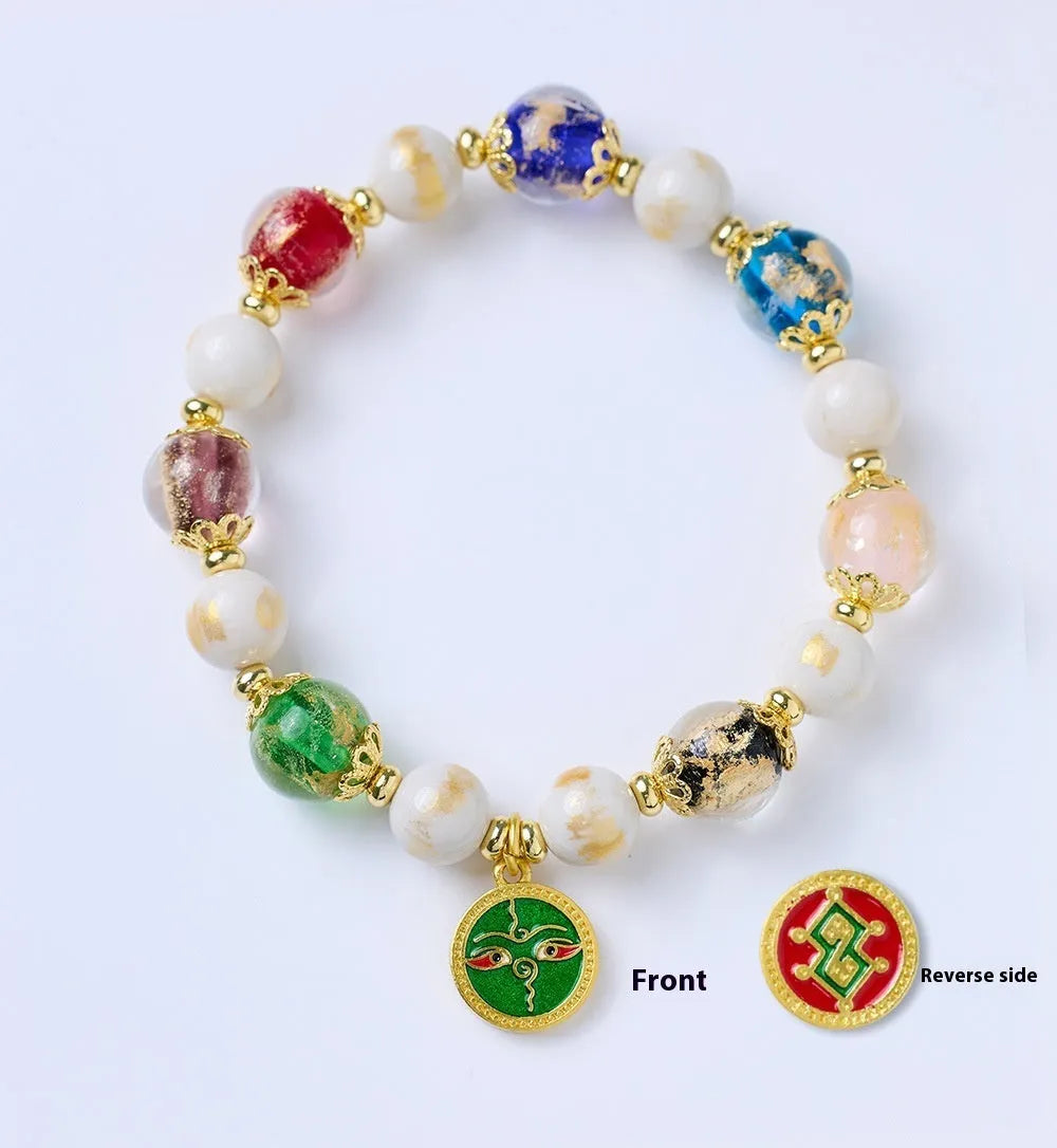 Handmade fragrant gray porcelain bracelet with Five Gods of Wealth motif and 10mm geometric beads