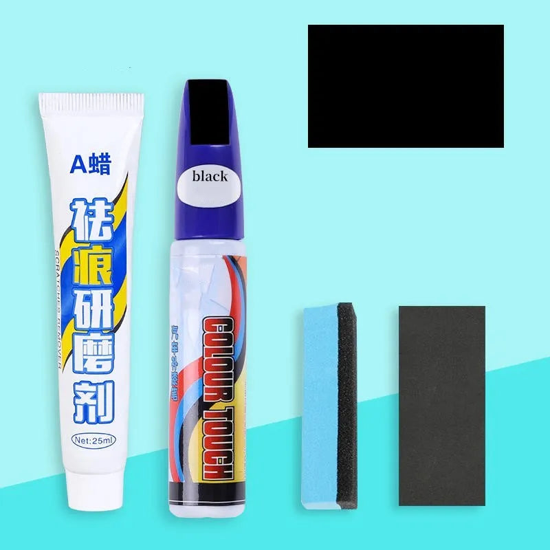 Automotive paint repair pen kit with touch-up paint, wax, sponge and sandpaper for car scratch repair