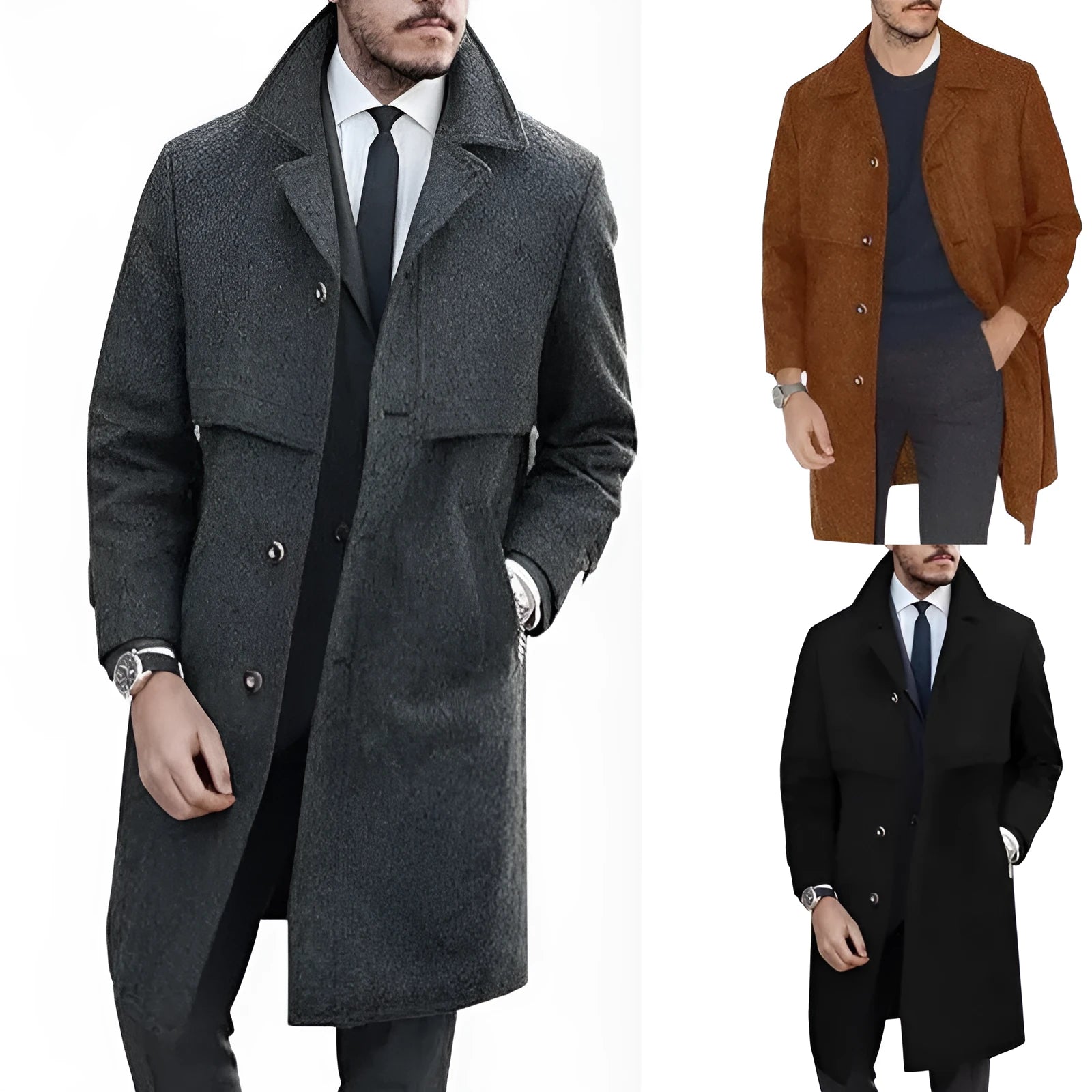 Men's plus size woolen single-breasted coat in camel, dark gray, and black with thickened polyester lining