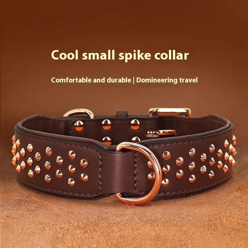 Leather dog collar with metal rivets in black, chocolate, or pink colour.