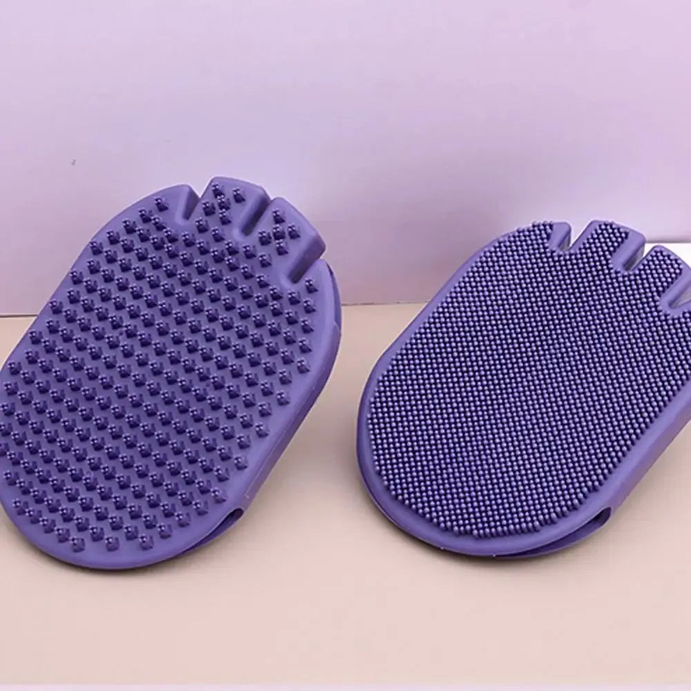 Purple dual-sided pet massage shampoo brush with soft TPR bristles for dog and cat grooming