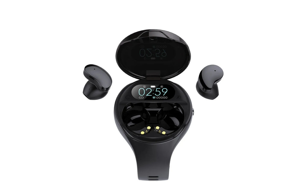 Black Bluetooth headset integrated with detachable smart bracelet showing colour screen display