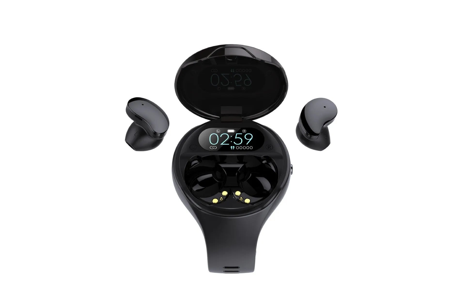 Black Bluetooth headset integrated with detachable smart bracelet showing colour screen display