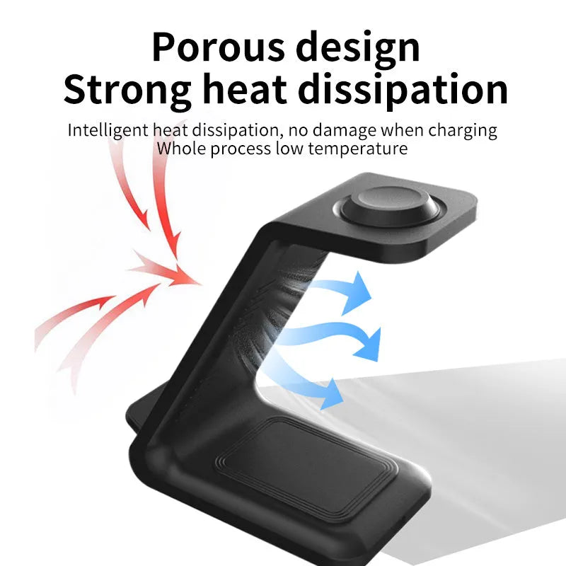 White upright wireless charging stand holding a mobile phone, with a smartwatch and earbuds case charging on its base.