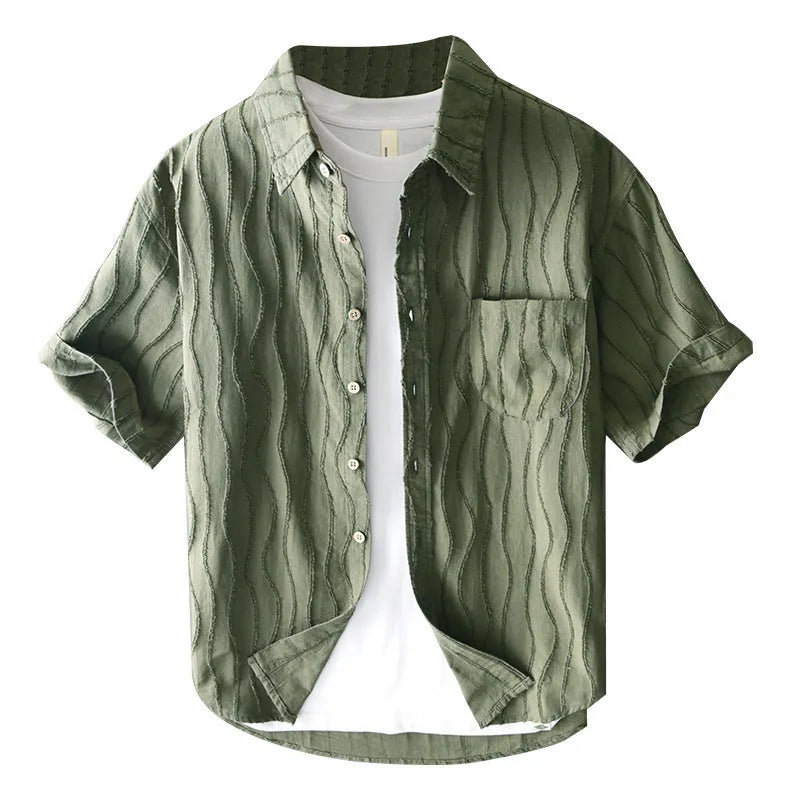 Men's loose fit pure cotton short sleeve casual shirt in apricot colour on a hanger.