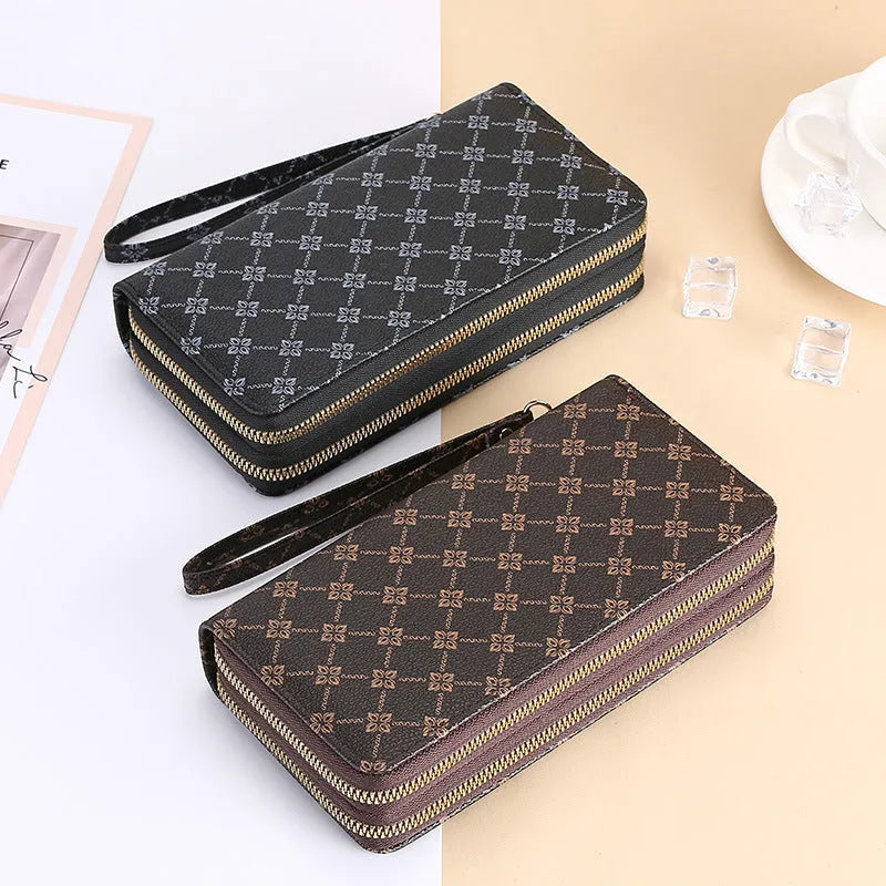 Retro-style long PU leather wallet clutch with printed design showing mobile phone compartment and zipper closure