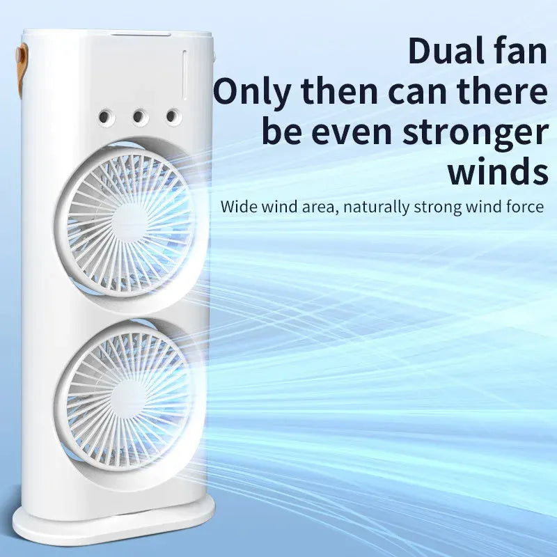 White portable double-ended spray fan air cooler with humidifying mist function and remote control