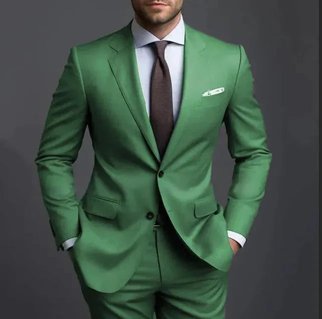 Business casual men's slim fit two-piece suit set in blue with jacket and trousers on mannequin