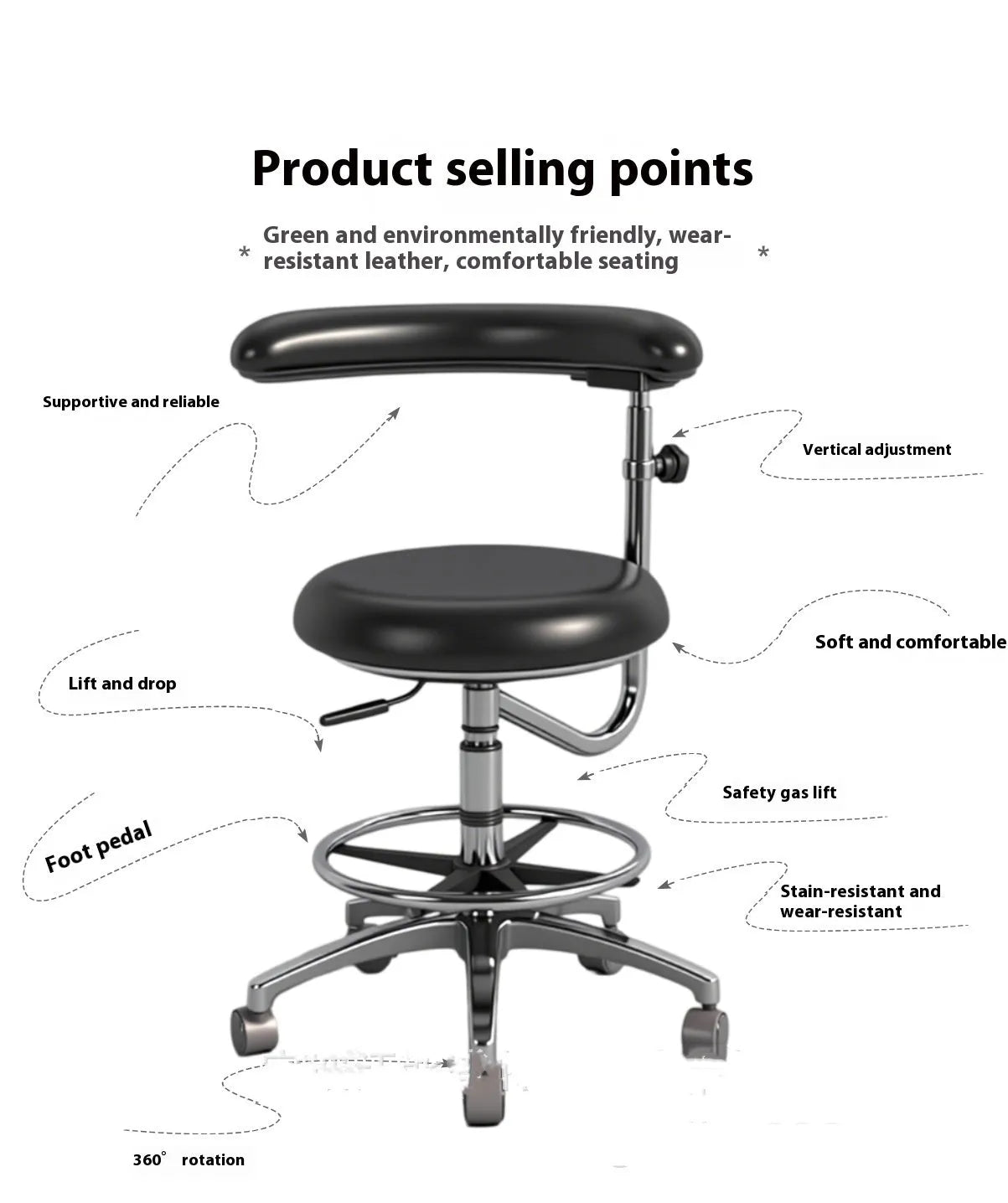 Black leather dental chair with lift mechanism for dental clinics
