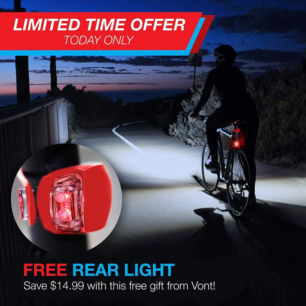 Bicycle headlight and red taillight set with a handlebar mounting bracket.