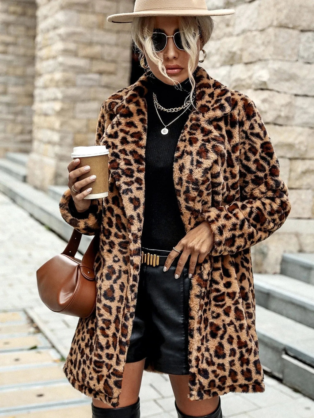 Leopard print furry long sleeve coat top for women with conventional sleeves, available in sizes S to 2XL