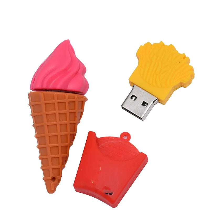 Mini pink ice cream shaped USB flash drive with a white chocolate drip, showing the metal USB connector.