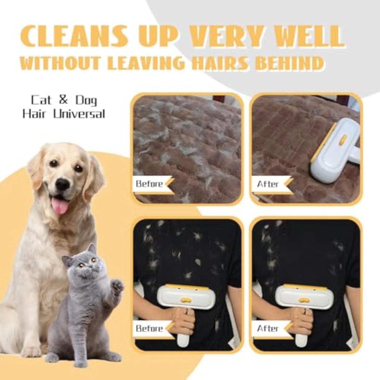 Portable pet hair remover with yellow duck design and removable lid on a fabric sofa.