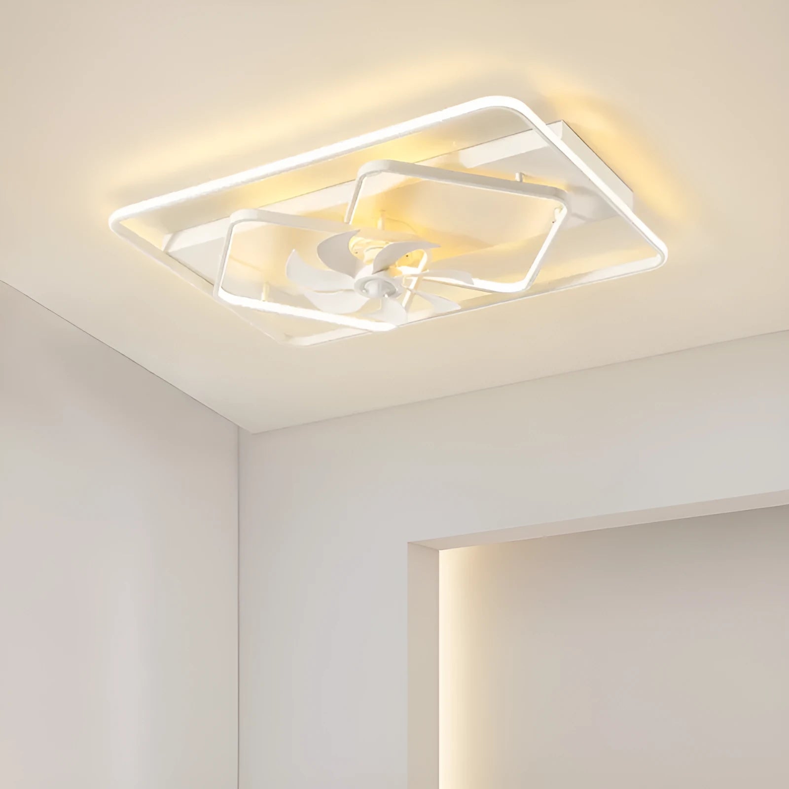 Modern ceiling fan with integrated light fixture showing plastic blades and acrylic lampshade