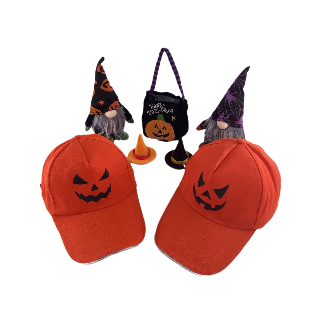 Halloween LED baseball cap with glowing coloured lights on a black cloth background.