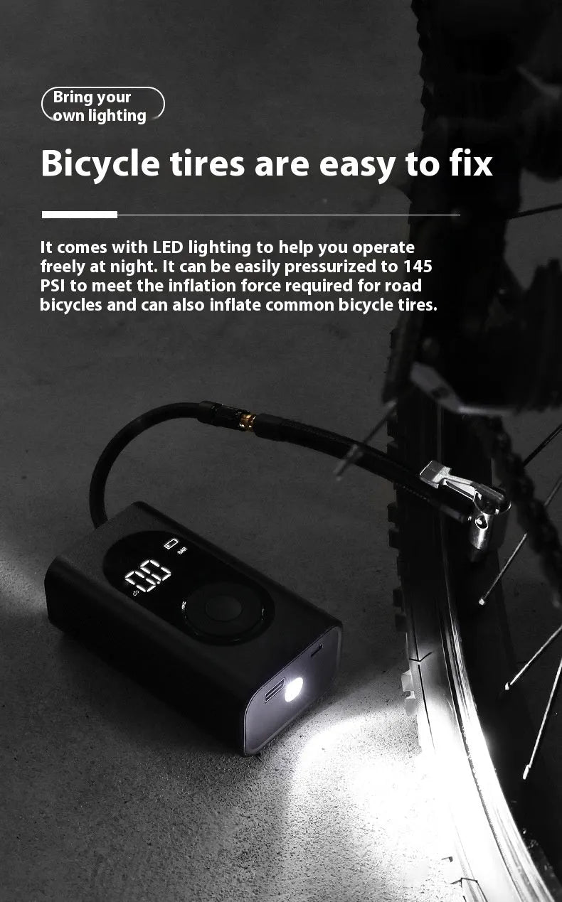 Portable wireless tyre pump with power bank and torch on a black background.