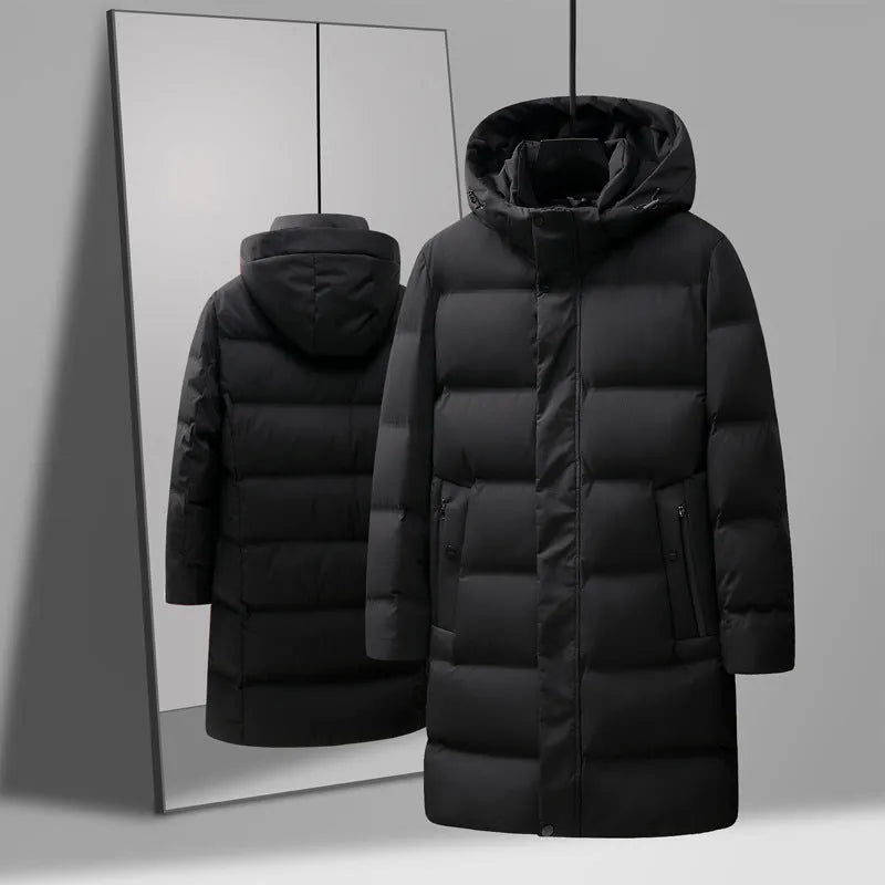 Men's mid-length solid colour polyester fibre down jacket coat for casual winter wear, available in black
