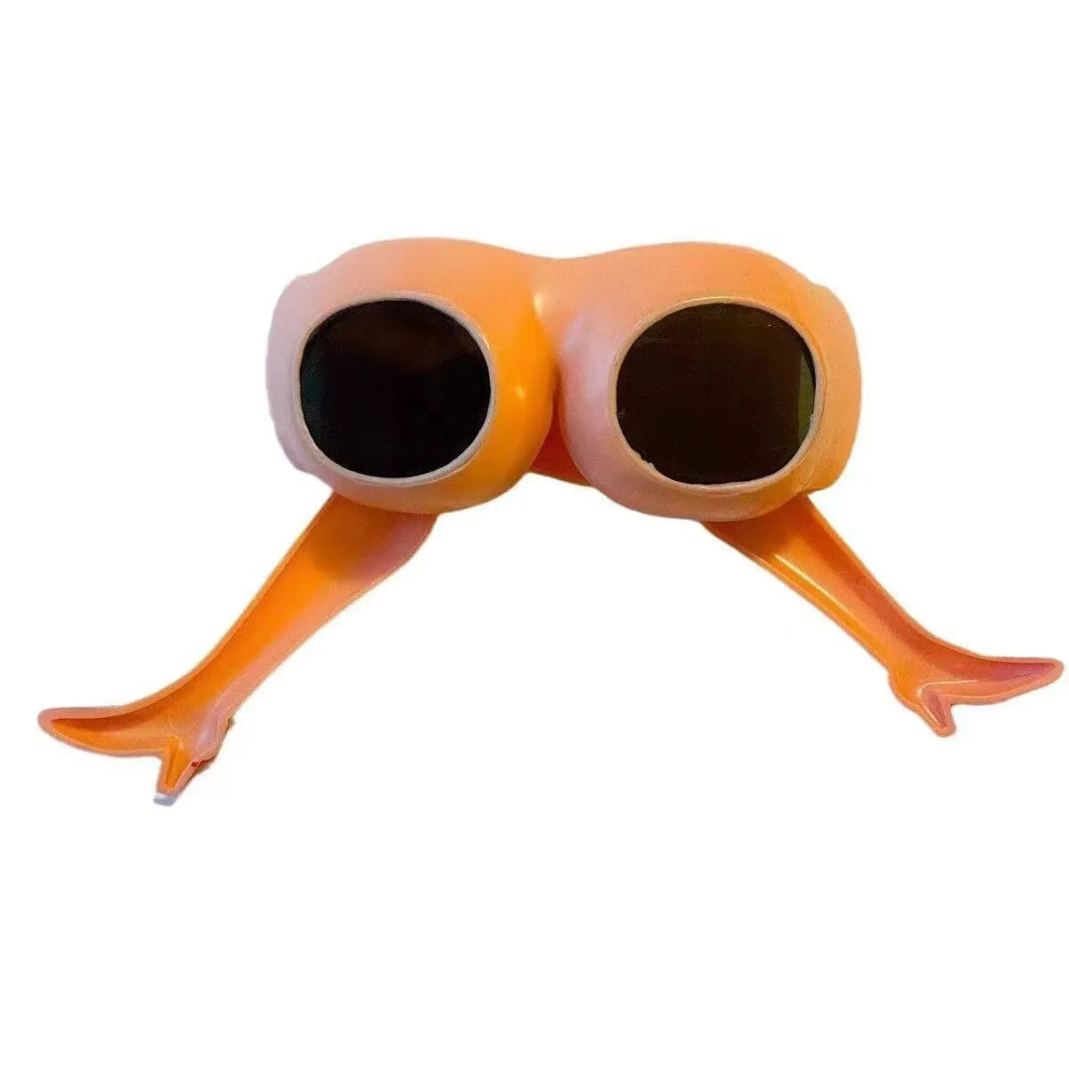Orange plastic sunglasses with wide lenses on a white background, showing adjustable leg hip design.