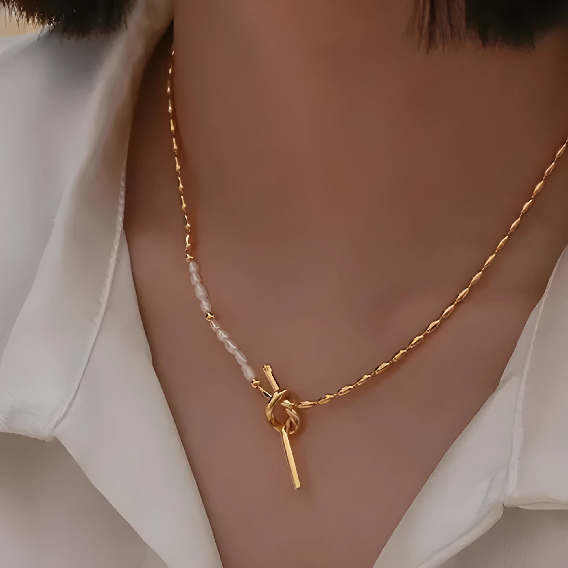Gold real pearl necklace with copper pendant, bends and hitches design, adjustable 21-50cm chain