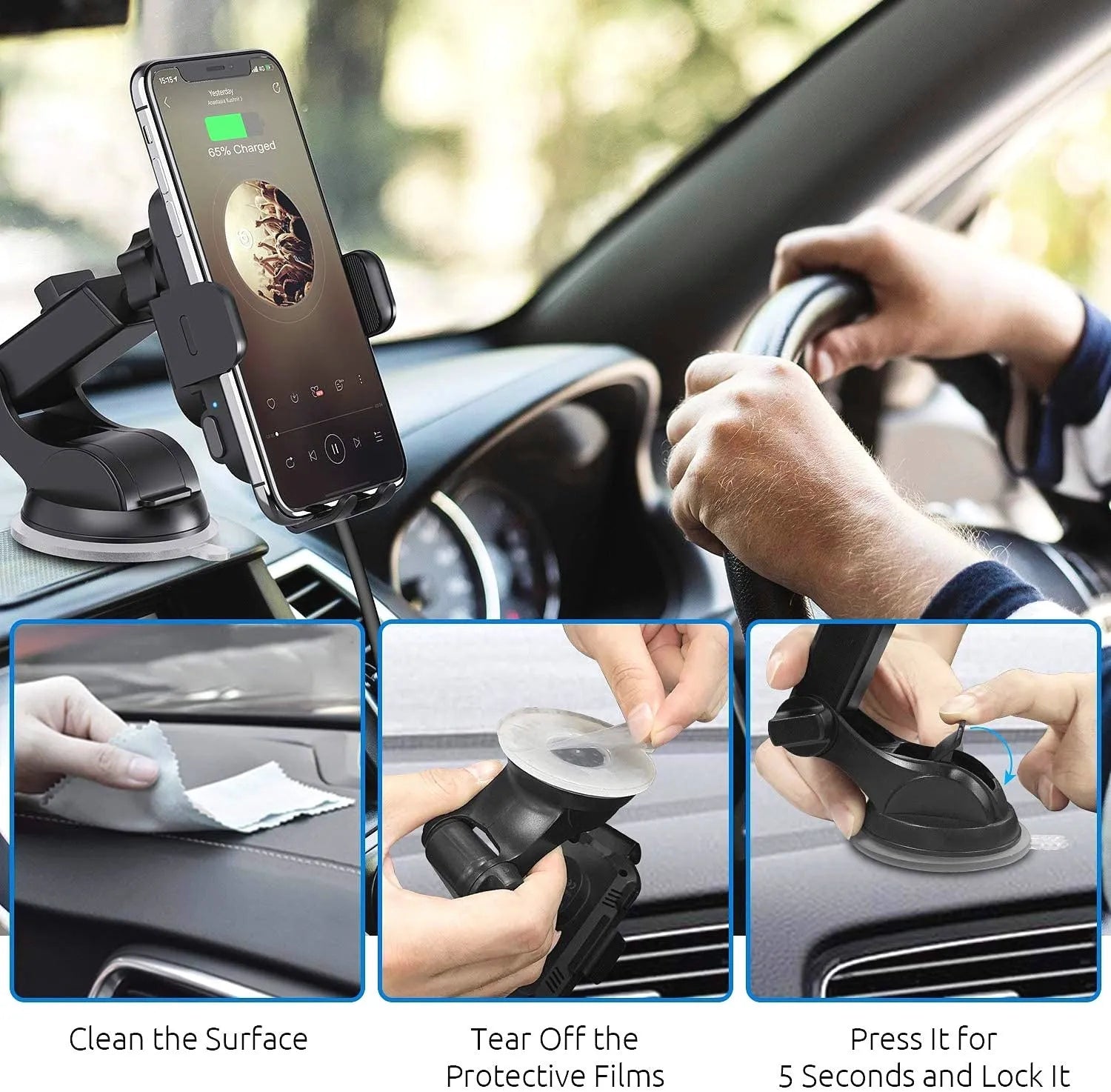Black car wireless charging stand mounted on dashboard with phone charging