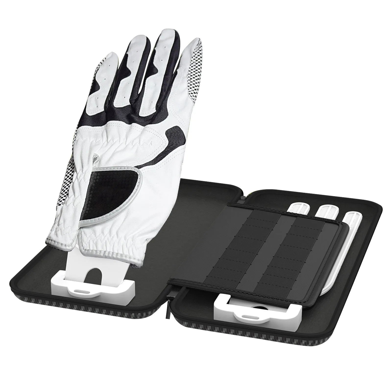 Silver grey golf double glove storage bag with two accessory brackets and carrying handle