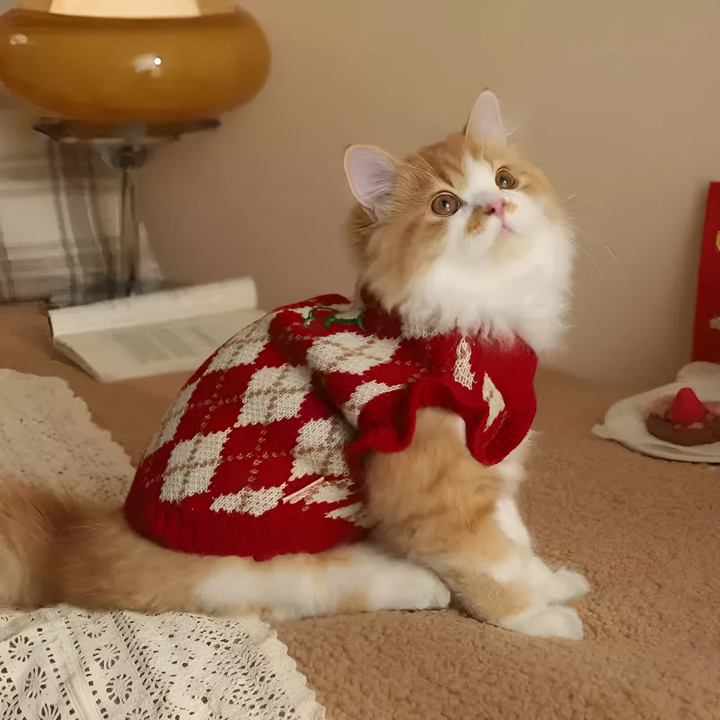 Red cat sweater with rhombic diamond embroidery pattern, a knitted polyester jumper for pets.