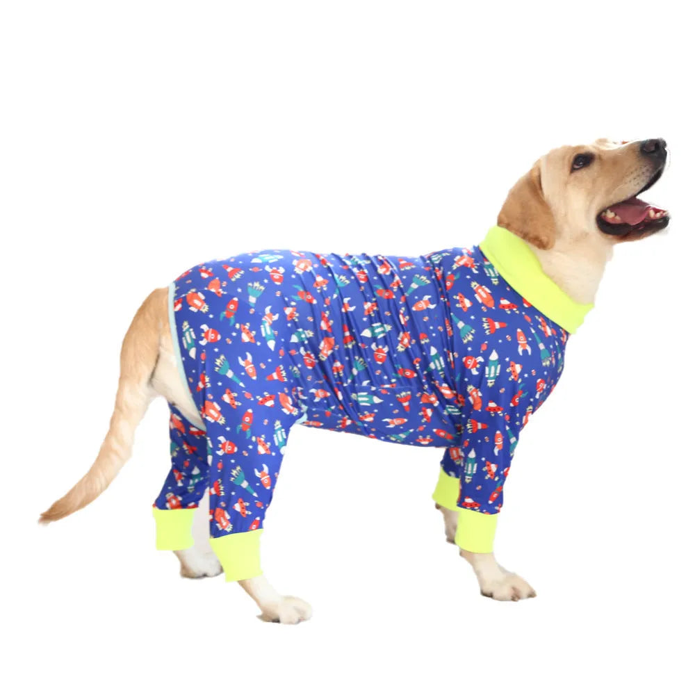Cotton dog jumpsuit with cute printed design showing front view on mannequin