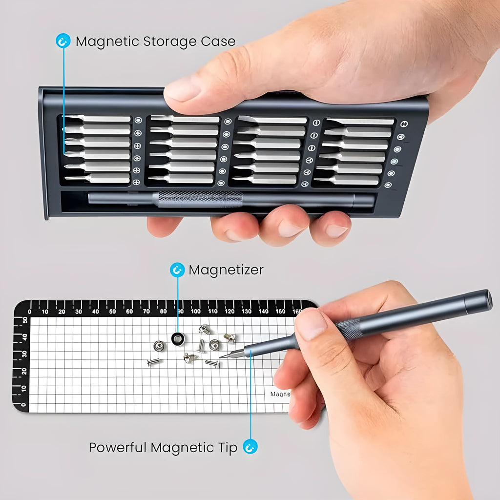 25-in-one magnetic precision screwdriver set with chrome vanadium steel bits and black knurled ABS handle.
