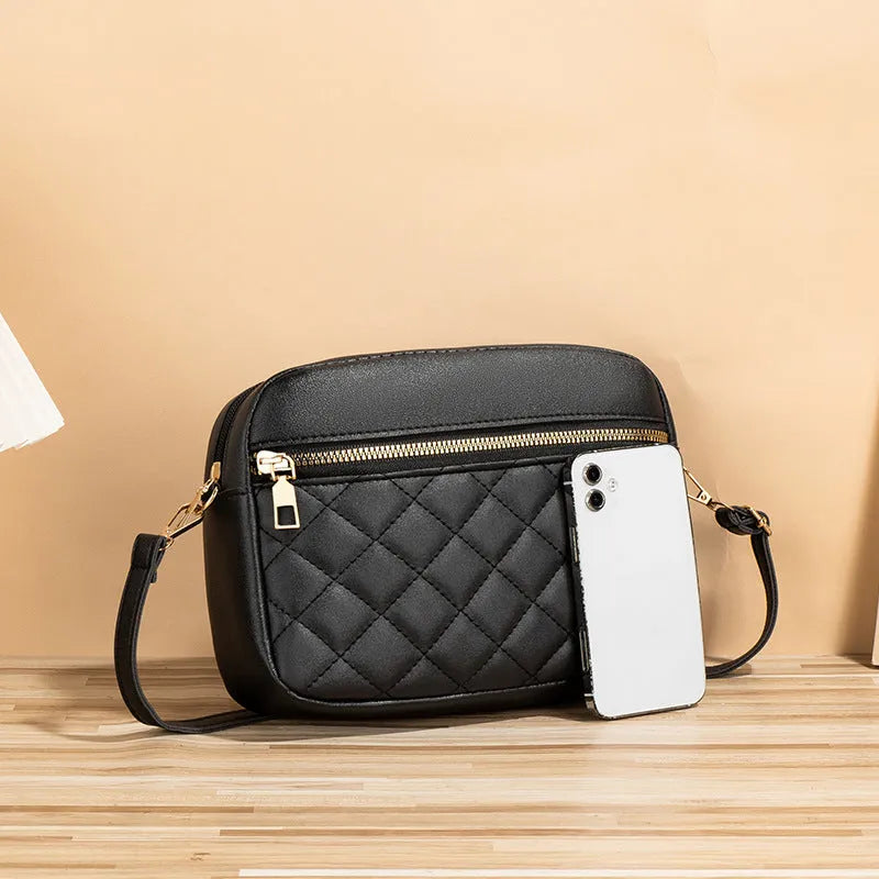 PU crossbody bag with diamond mesh stitching, horizontal square shape, available in white black or pink